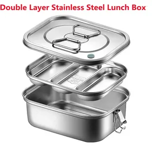 Geschirr, doppellagige Edelstahl-Lunchbox, 2/3 Gitter, auslaufsicher, Bento, starke Dichtigkeit, für die Aufbewahrung verschiedener Obst- und Snacks