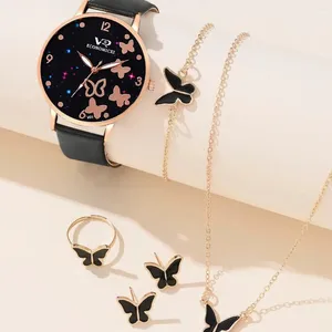 Orologi da polso 6pcs Ladies Fashion Star Casual Star Butterfly Digital Belt Digital Quart Watch Full of Diamond Erecchings Necklace Ring Bracciale Set di braccialetti