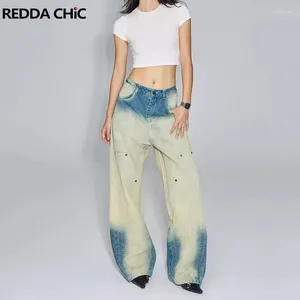 Women's Jeans ReddaChic Boyfriend Tie Dye Blue Baggy Women Retro Color Block Distressed Straight Wide Leg Pants Y2k Korean Streetwear