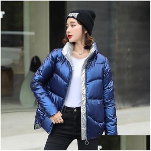 Womens Down Parkas Women Short Glossy Cotton Jacket Coats Zipper Padded Waterproof Parka Pocket Stand Collar Shiny Coat 201027 Drop De Dhsmb