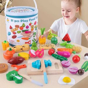 Cozinhas brincar de comida Montessori Play House Simulação de madeira Egg Kitchen Series Cut Frutas e Legumes Sobremesa Childrens Toys Educacional 2443