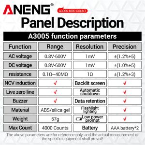 Aneng A3005デジタルマルチメーターペンタイプ4000カウントプロフェッショナルメーター非接触自動AC/DC電圧オームダイオードテスターのツール