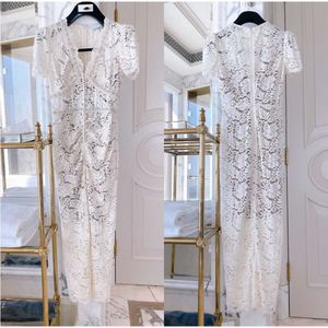 Women Long Dresses Lace Short Sleeve Diamond-embellished V-neck Lace Dress With Pleated Design elegant women slim fit dresses skirt FZ2404033