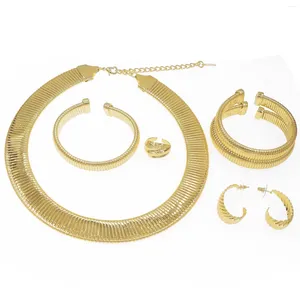 Necklace Earrings Set For Women Jewelry Brazilian Gold Plated Round With Three Bracelets Luxury Banquet