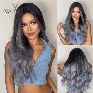 Wigs ALAN EATON Ombre Gray Wave Synthetic Wig for Women Long Cosplay Grey Blue Wigs Natural Middle Part Colorful Hair Heat Resistant