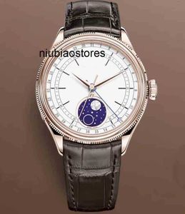 Automatisk designer Luxury Watch Mens Mechanical Sapphire Moonphase Dual Time Rose Gold rostfritt stål svart läder 39mm vattentäta armbandsur yhl6