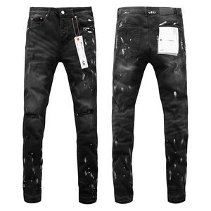 USA Men Street Wear Old Black Grey Jean Rip Paint Ink Jet Micro Elastic Pocket Slim Fit Dżins Button Fly Purple Man Designer