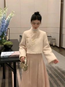 Arbeitskleider Chinesische Mode Wollrock Anzug Blumenstickerei Knoten Knopf Crop Top Plissee Midi Weiblich Herbst Winter Elegant 2-teilig