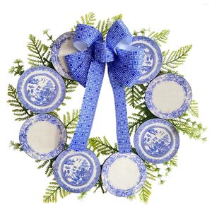 Decorative Flowers Artificial Plant Wreath Creative Wooden Blue And White Porcelain For Outdoor Courtyard Party Window Spring Decorations