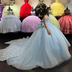 반짝이는 어깨 소매 연인 볼 가운 Quinceanera 드레스 구슬 딩 진주 레이스 레이스 무도회 이브닝 파티 대회 생일 가운 활