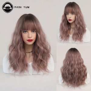 Wigs Pink Ombre Brown Wig Women Wigs with Bangs Long Wavy Hair Heat Resistant Synthetic Wig Cosplay Lolita Daily Party Wear
