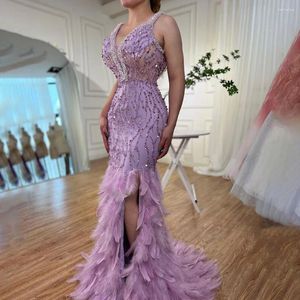 Party Dresses Serene Hill Pink Mermaid Sexy High Split V Neck Evening Feather Beaded Gowns Long 2024 For Women Wedding GLA72152