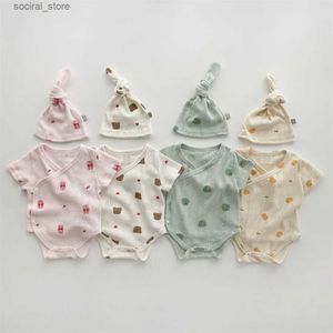 Rompers 2017 Summer New Baby Short sleeved Tight Top+Hat Cute Animal Print Newborn Baby Clothing Toddler Boys Bear jumpsuit Girl Rabbit L240402