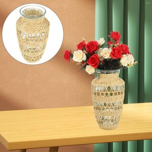 Vases Rattan Glass Vase Woven Hand Rustic Decor Simple Table Flowerpot Birthday Decoration For Girl