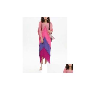 Vestidos casuais básicos Mulher Tassel Dress 2022 Miyake Moda Pleated Loose Plus Tamanho V Trumpe de manga Batwing Mid-Calf Batwing Dhdua