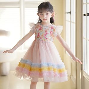Sommar ärmlösa flickaklänningar söt regnbågens prinsessklänning för blommig tryckt bomullsbarn födelsedagspresent 112y 240403