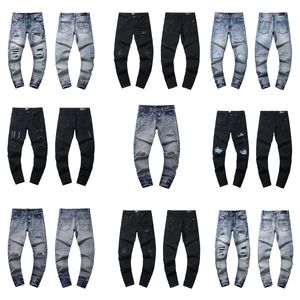 Denim Jeanshose Knie Skinny gerade Größe 30-38 Motorrad Trendy Long gerader hochwertiger Qualitätslila Jeans Designer Jean Men Hole High Street Denim Denim