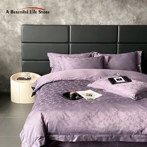 1000TC de algodão egípcio cetim jacquard reclamação de cama de luxo sedosas elegantes flores roxas capa de edreta de bastão de lençóis 240418