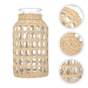 Vases Rattan Glass Vase Round For Flowers Adornment Woven Ornament Basket Arrangement Container Creative Office Plant