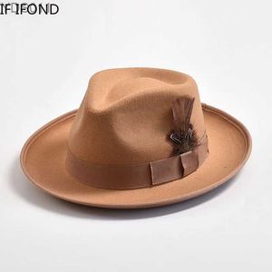 Breda randen hattar hink handgjorda fjäder filt fedora hatt vintage herr panama trilby böjd gentleman festklänning yq240403