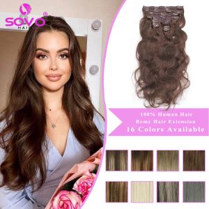 Extensions SOVO Light Brown Wavy Clip in Hair Extensions Double Weft 120g 160g Body Wave Remy Clip in Real Human Hair Extensions Full Head