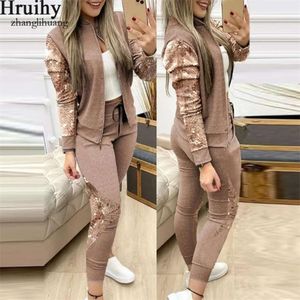Two Autumn Winter Piece Outfits For Women Fashion Sequins Zipper Coat Tops Drawstring Pants Set Casual Tracksuit Sweat Suits T201031