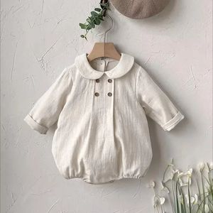 Milancel Spring Baby Clothes Peter Pan Collar Girls One Piece Linen Infant Bodysuits 240327