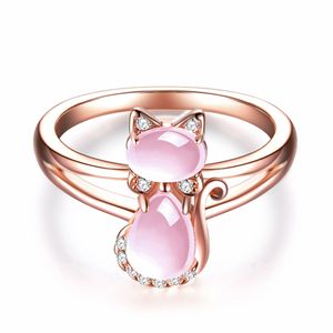 Cluster Rings Pink Crystal Cat Ring Ladies Cute Kitten Pet Sier Jewelry Birthday Vintage Rose Gold Quartz Drop Delivery Dhwln