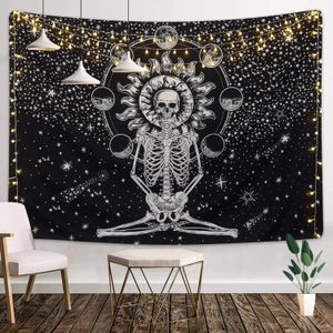 Skull Tapestry Meditação Esqueleto de Tapeçaria Estrela Black e Branca Parede pendurada para o quarto Decoração 240328