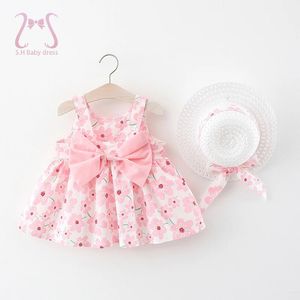 2pcs Bow Baby Girls Dress Summer Flower Fashion Sling Dresses Girl Kids Clothes Born Send Hat 240403