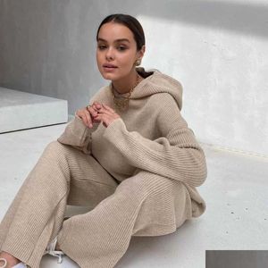 Femininos de tracksuits de malha de malha de malha de malha de mulheres combinando conjuntos de mangas compridas Hoodieadddwide calças de pernas de loungewear suéter dois p dhs8u