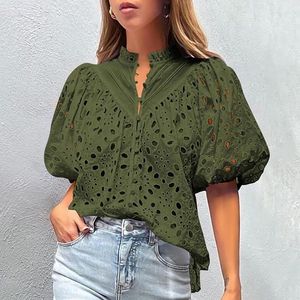 Blouses feminina French Chic Lantern Sleeve High Street Shirts Sexy Women Hollow Out Blusa Sólida 2024 Mostrar estilo de decote em V Deep em V Bordado