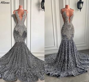 Luxury Crystals Rhinestone Evening Dresses For Women Aso Ebi Sheer Neck Sparkly Sequined Special Occasion Formal Gowns Plus Size Second Reception Prom Dress CL3457