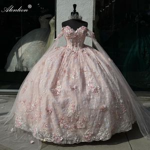 부착 가능한 스팽글 레이스 연인 볼 가운 가운 Quinceanera 드레스 구슬 진주 3D 꽃 아플리케 바닥 길이 형식 드레스 생일 가운 랩