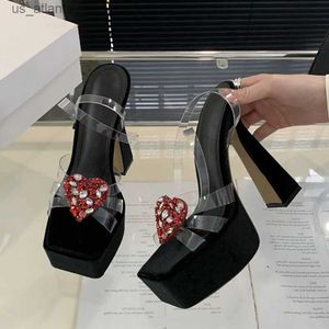 Dress Shoes Liyke Cozy Silk Chunky High Heels Platform Sandals For Women Summer Party Fashion Crystal Heart Shaped Buckle Transparent H240403