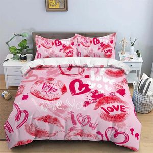 Bedding Sets 3 Piece Matte Polyester Set Skin Friendly Warm Comfortable Pink Surface Red Lip Print With A Heart Pattern