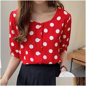 Женские блузкие рубашки Qoerlin M4XL Summer Style Retro Polka Dot Chiffon Рубашка Женская с коротким рукавом с коротким рукавом.