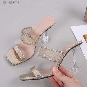 Отсуть обувь размер 45 46 Элегантные квадратные носки прозрачные каблуки на каблуках Mes Summer Women Gold Sandals Fashion Mules Shoe H240403