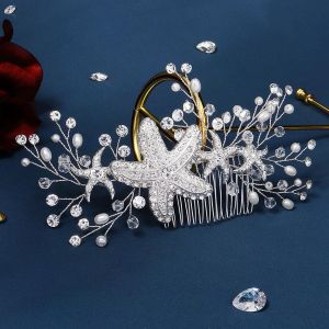 Bride Wedding Hair Combs Shiny Sinestone Hair Pins and Clips Starfish Pearls Persicies for Women Lady Party Hair Jewelry