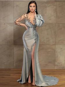 Pretty Evening Dress VNeck Prom Satin Ball Gowns Lace Appliques Sexy High Split Robes For Party Vestidos De Gala 2024 240401