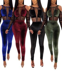 Winter Women039s Set Tracksuit Full Sleeve Mesh Velvet bodysuits Pants Passar Two Piece Set Sexy Night Club Party Outfits5990059