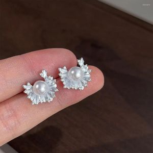 Stud Earrings High Brightness ABS Imitation Pearl Aesthetic Design Pleated Wave Texture Pattern Micro-set Cubic Zirconia Temperament