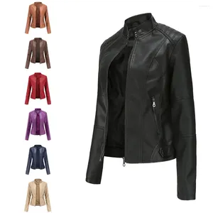 Jackets femininos 2024 Europeu e americano Slim Fit Fin Spring Autumn Standing Collar Leather