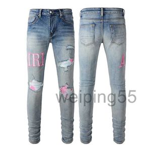 Skinny Slim Fit Hole Ripped Biker Jeans Pants with Printed Trend Trousersvrnl