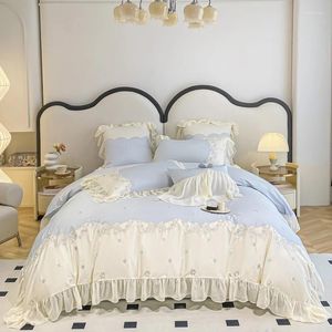 Bettwäsche Sets Luxus 100er ägyptische Baumwollbowblume Stickerei Spitze Rüschen Set Duvet Cover flach/angebracht