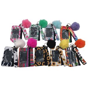 9 Design Neoprene Credit Card Holder With Pom Ball Keychains Set Lanyard Wristlets Pouch Zipper Wallet Faux Fur Poms Keychain Sunflower Leopard Print For Women Girls