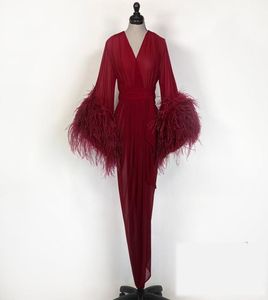 Luxury Ostrich Feather Night Gown Burgundy Bride Sleepwear Robes Tulle Custom Made Long Sleeves Dressing Gown Women Sexy Sleepwear4742711