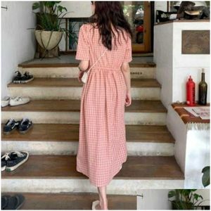 Grundläggande avslappnade klänningar dres enstaka bröst japansk rutig lös es fritid härlig koreansk elastisk midja elegant colorf för kvinnor 210623 DHCCG