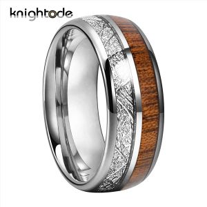 Bands 8mm Silvery Tungsten Carbide Ring White Meteorite/Wood Inlay For Men Women Modern Style Wedding Band Dome Polished Comfort Fit