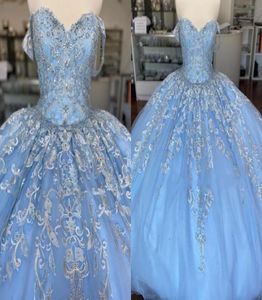 Skromny lekki niebieski niebieski suknia balowa 2022 Sukienki Quinceanera z rękawami Tiul Corset Back Vestido de 15 Anos Meksyka5350204